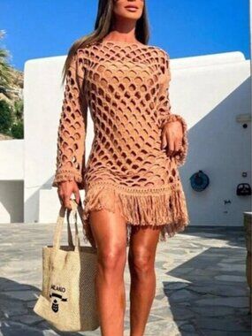 Coral Orange Women's Sexy & Elegant Beach Style Knitted Hollow Fringe Dress